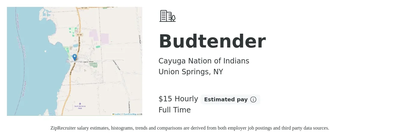 Cayuga Nation of Indians job posting for a Budtender in Union Springs, NY with a salary of $16 Yearly with a map of Union Springs location.