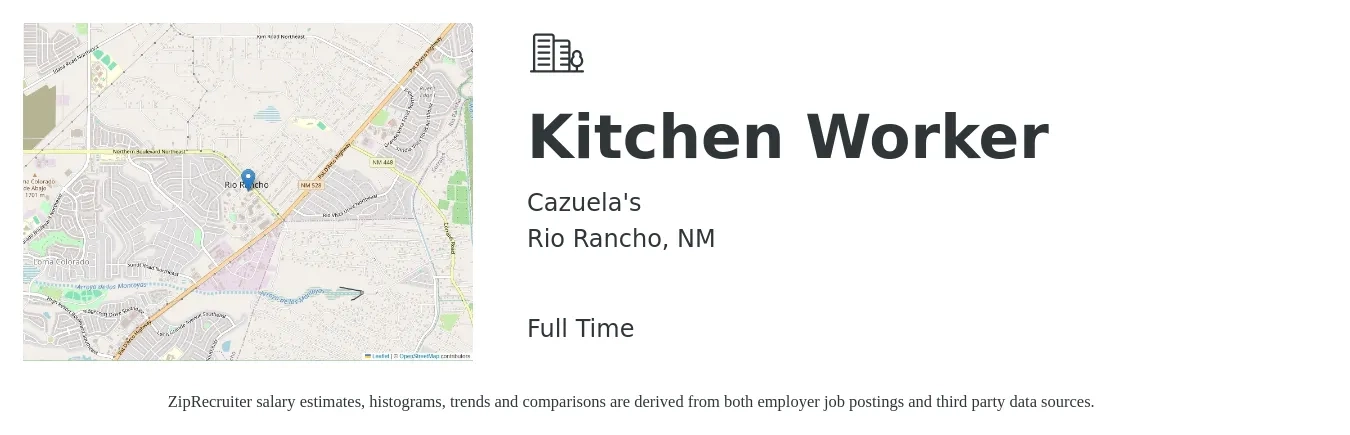 Cazuela's job posting for a Kitchen Worker in Rio Rancho, NM with a salary of $14 to $15 Hourly with a map of Rio Rancho location.
