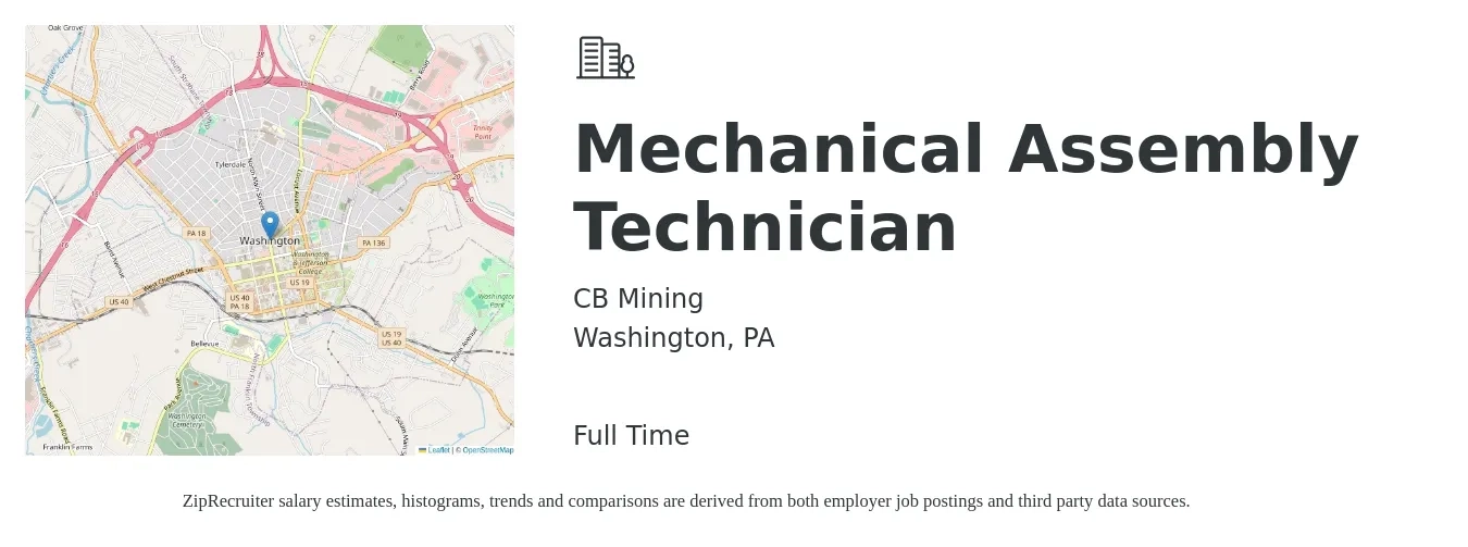 CB Mining job posting for a Mechanical Assembly Technician in Washington, PA with a salary of $17 to $21 Hourly with a map of Washington location.