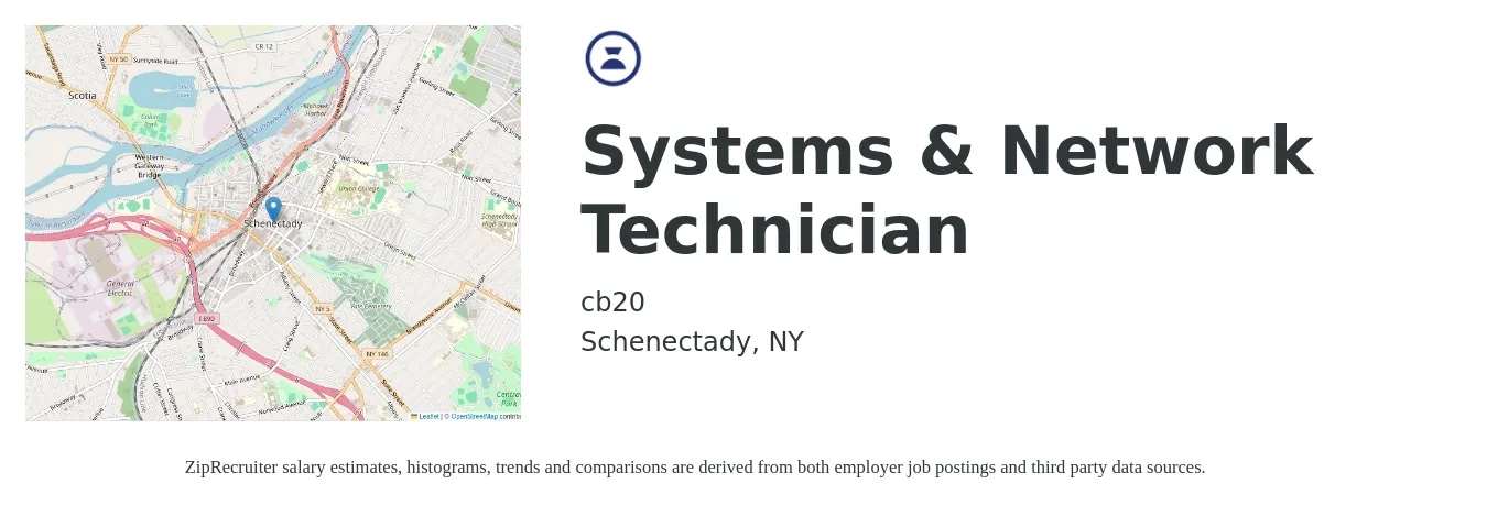 cb20 job posting for a Systems & Network Technician in Schenectady, NY with a salary of $25 Hourly with a map of Schenectady location.