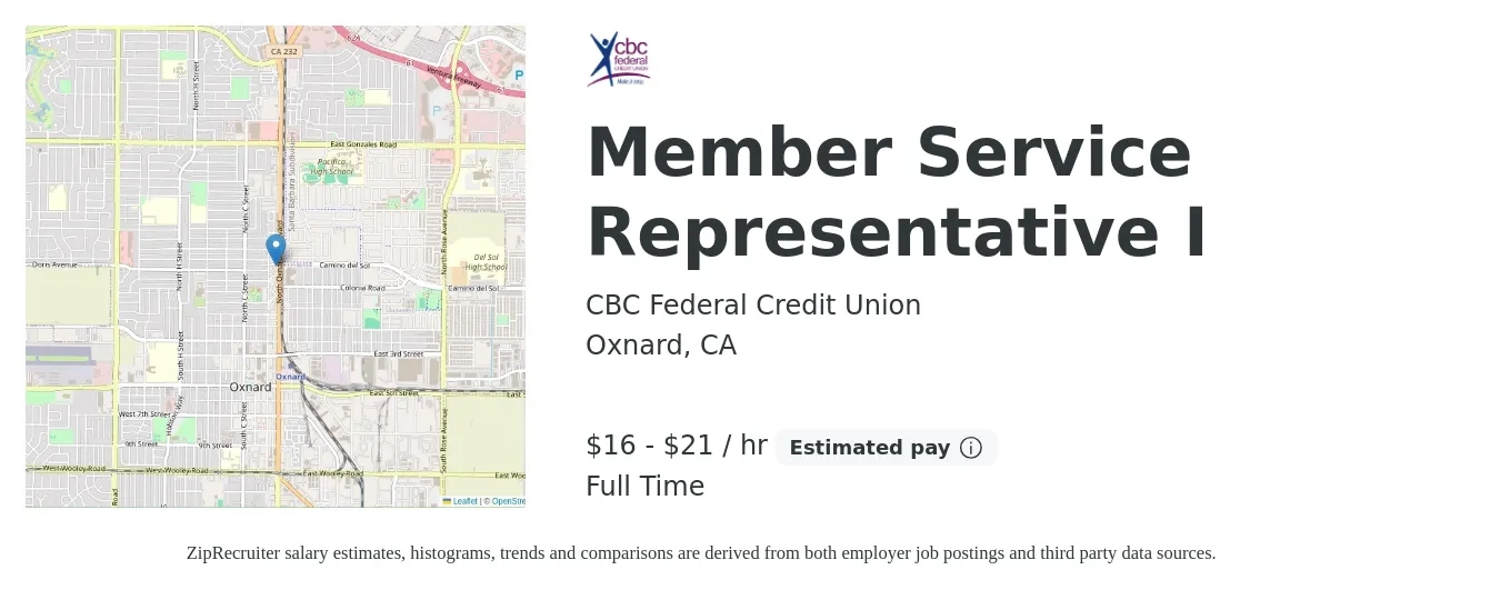 CBC Federal Credit Union job posting for a Member Service Representative I in Oxnard, CA with a salary of $18 to $28 Hourly with a map of Oxnard location.