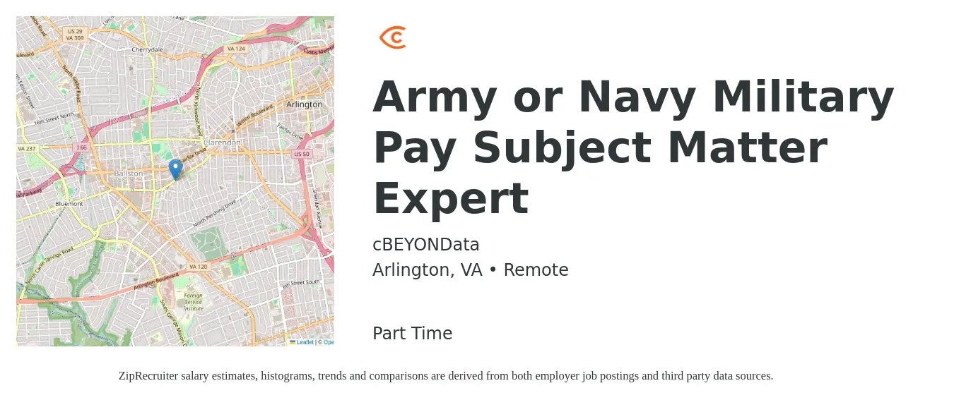 cBEYONData job posting for a Army or Navy Military Pay Subject Matter Expert in Arlington, VA with a salary of $96,100 to $138,600 Yearly with a map of Arlington location.