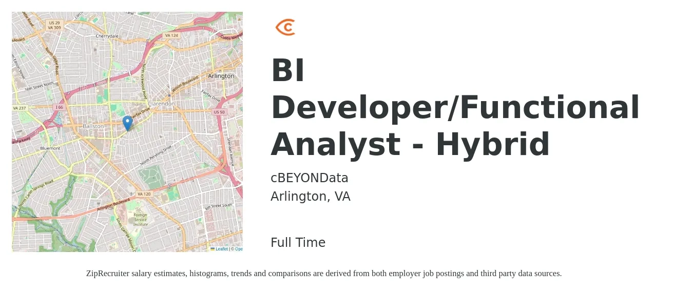 cBEYONData job posting for a BI Developer/Functional Analyst - Hybrid in Arlington, VA with a salary of $46 to $64 Hourly with a map of Arlington location.