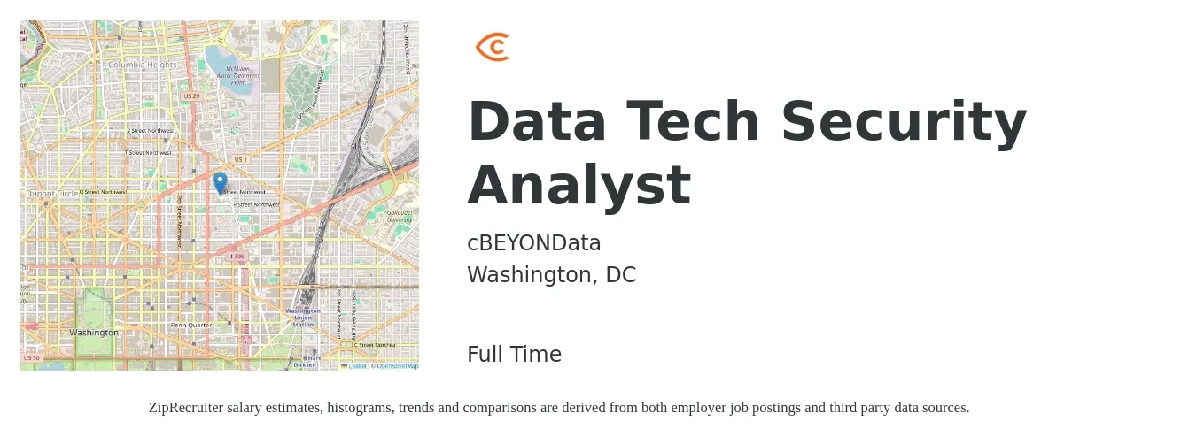 cBEYONData job posting for a Data Tech Security Analyst in Washington, DC with a salary of $70,800 to $109,900 Yearly with a map of Washington location.