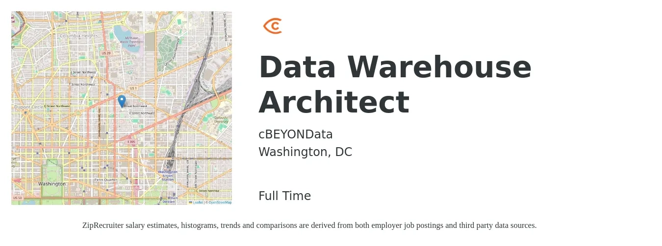 cBEYONData job posting for a Data Warehouse Architect in Washington, DC with a salary of $68 to $90 Hourly with a map of Washington location.