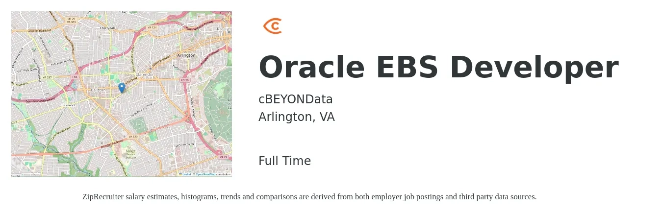 cBEYONData job posting for a Oracle EBS Developer in Arlington, VA with a salary of $66 to $86 Hourly with a map of Arlington location.