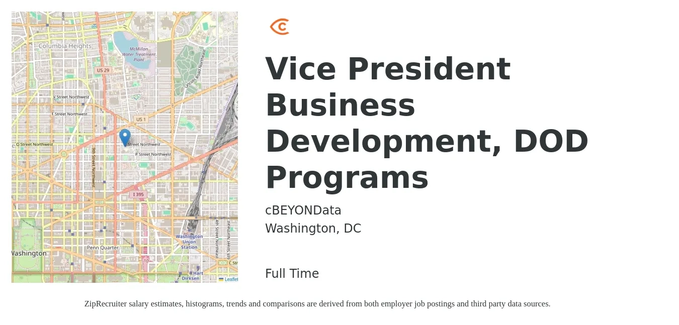 cBEYONData job posting for a Vice President Business Development, DOD Programs in Washington, DC with a salary of $134,800 to $218,600 Yearly with a map of Washington location.