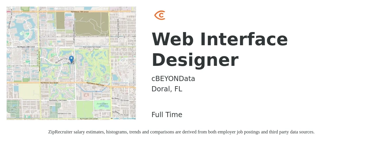cBEYONData job posting for a Web Interface Designer in Doral, FL with a salary of $39 to $48 Hourly with a map of Doral location.