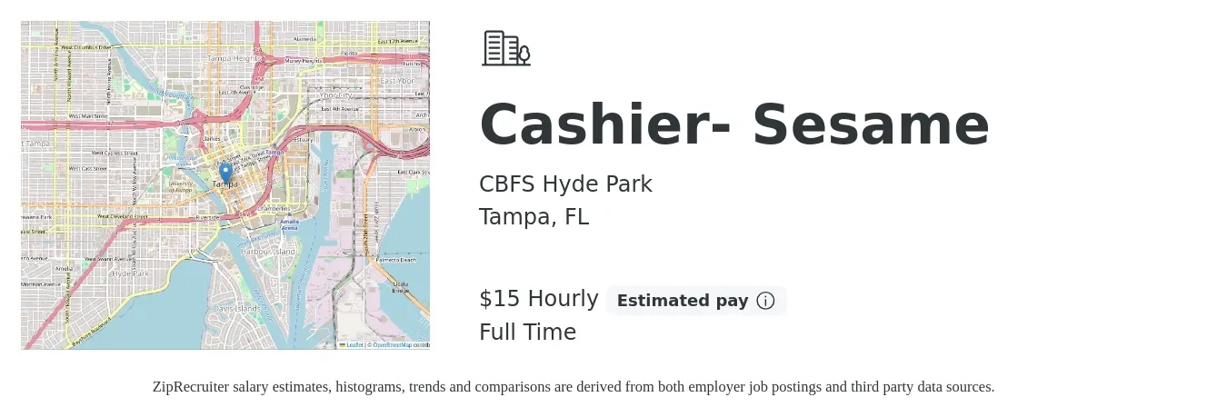 CBFS Hyde Park job posting for a Cashier- Sesame in Tampa, FL with a salary of $16 Hourly with a map of Tampa location.
