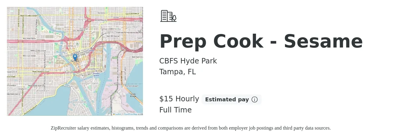 CBFS Hyde Park job posting for a Prep Cook - Sesame in Tampa, FL with a salary of $16 Hourly with a map of Tampa location.