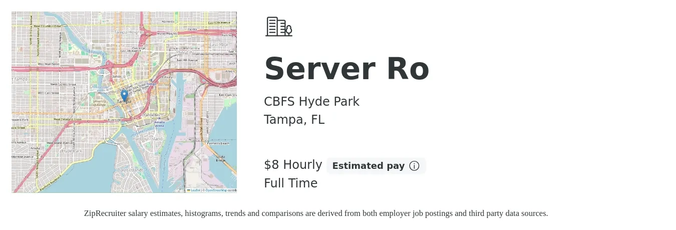 CBFS Hyde Park job posting for a Server Ro in Tampa, FL with a salary of $9 Hourly with a map of Tampa location.