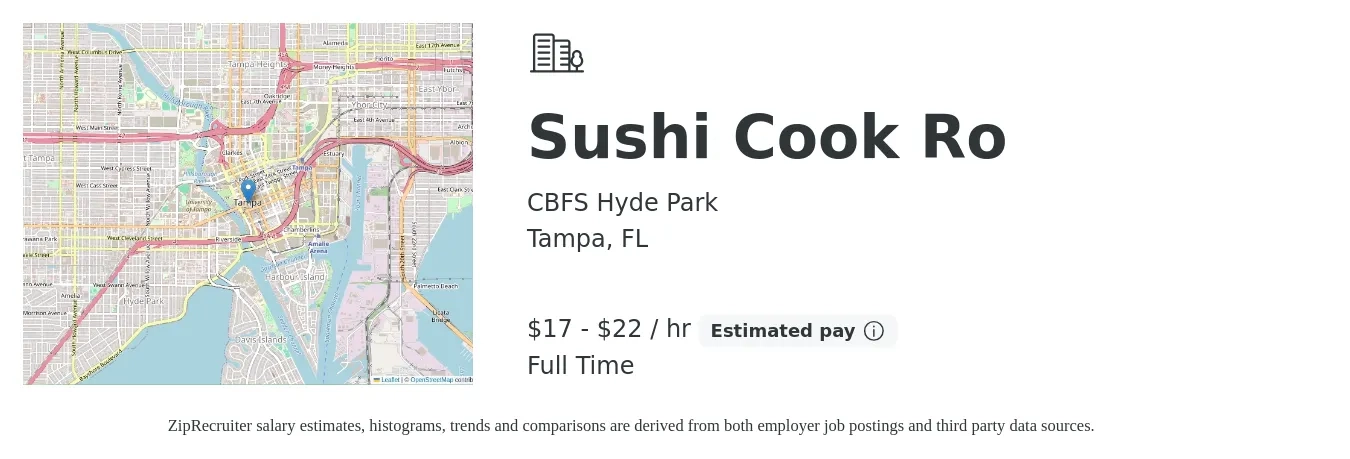 CBFS Hyde Park job posting for a Sushi Cook Ro in Tampa, FL with a salary of $18 to $23 Hourly with a map of Tampa location.