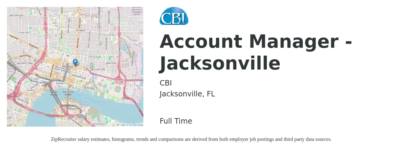 CBI job posting for a Account Manager - Jacksonville in Jacksonville, FL with a salary of $44,500 to $72,800 Yearly with a map of Jacksonville location.