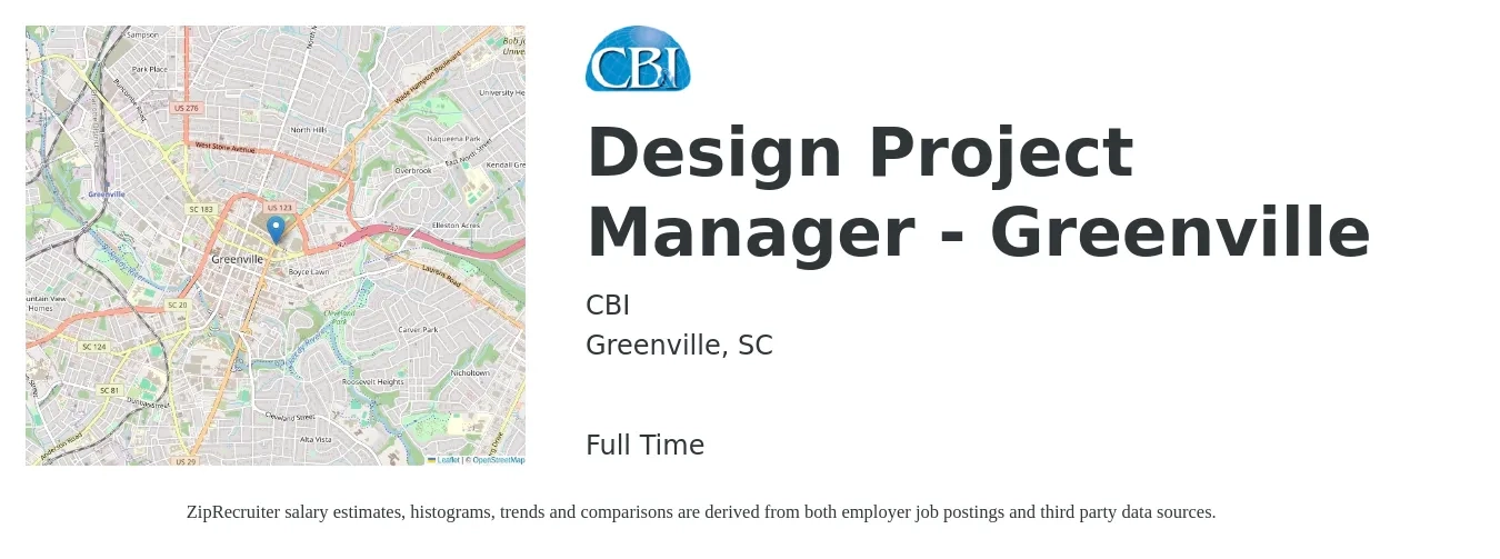 CBI job posting for a Design Project Manager - Greenville in Greenville, SC with a salary of $65,400 to $111,000 Yearly with a map of Greenville location.
