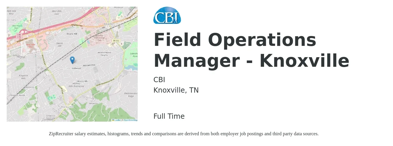 CBI job posting for a Field Operations Manager - Knoxville in Knoxville, TN with a salary of $54,900 to $87,800 Yearly with a map of Knoxville location.