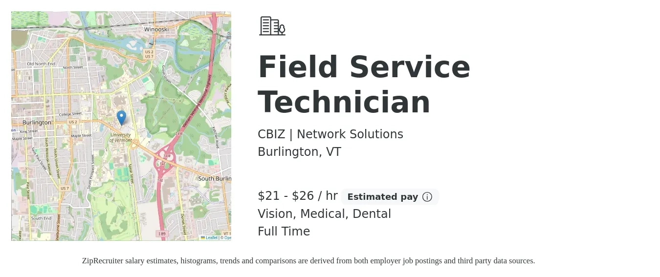 CBIZ | Network Solutions job posting for a Field Service Technician in Burlington, VT with a salary of $22 to $28 Hourly and benefits including vision, dental, life_insurance, medical, and retirement with a map of Burlington location.