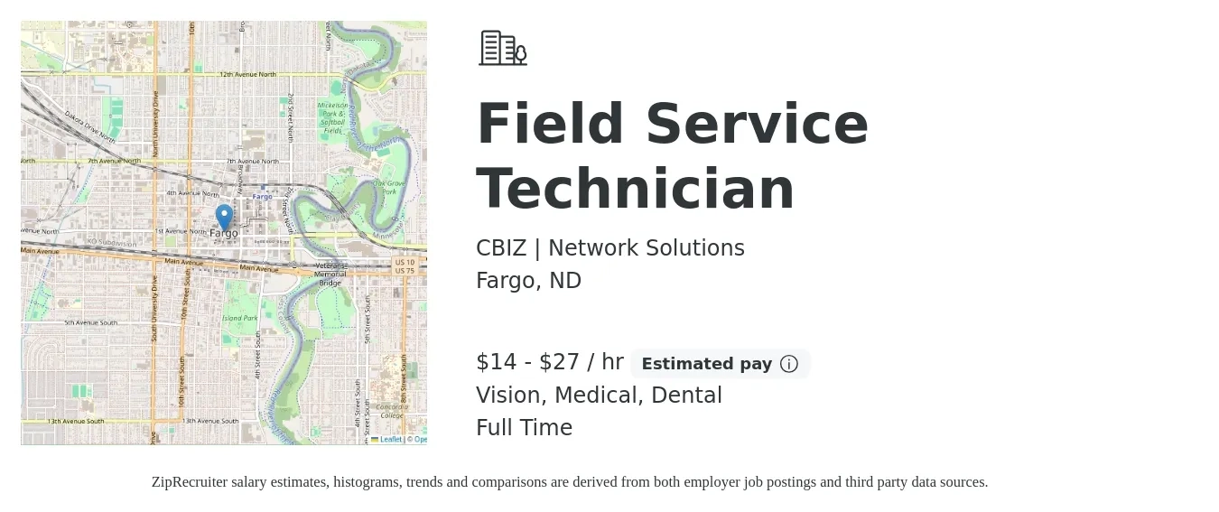 CBIZ | Network Solutions job posting for a Field Service Technician in Fargo, ND with a salary of $15 to $29 Hourly and benefits including retirement, vision, dental, life_insurance, and medical with a map of Fargo location.