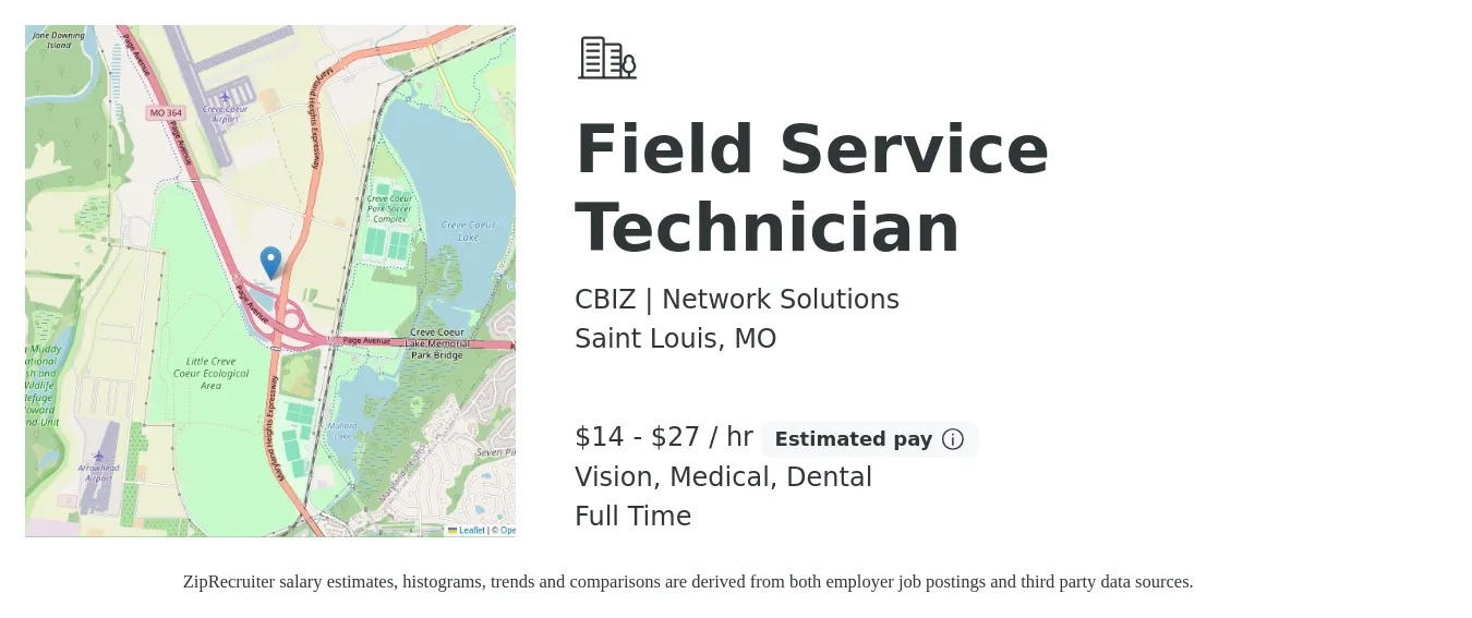 CBIZ | Network Solutions job posting for a Field Service Technician in Saint Louis, MO with a salary of $15 to $29 Hourly and benefits including dental, life_insurance, medical, retirement, and vision with a map of Saint Louis location.