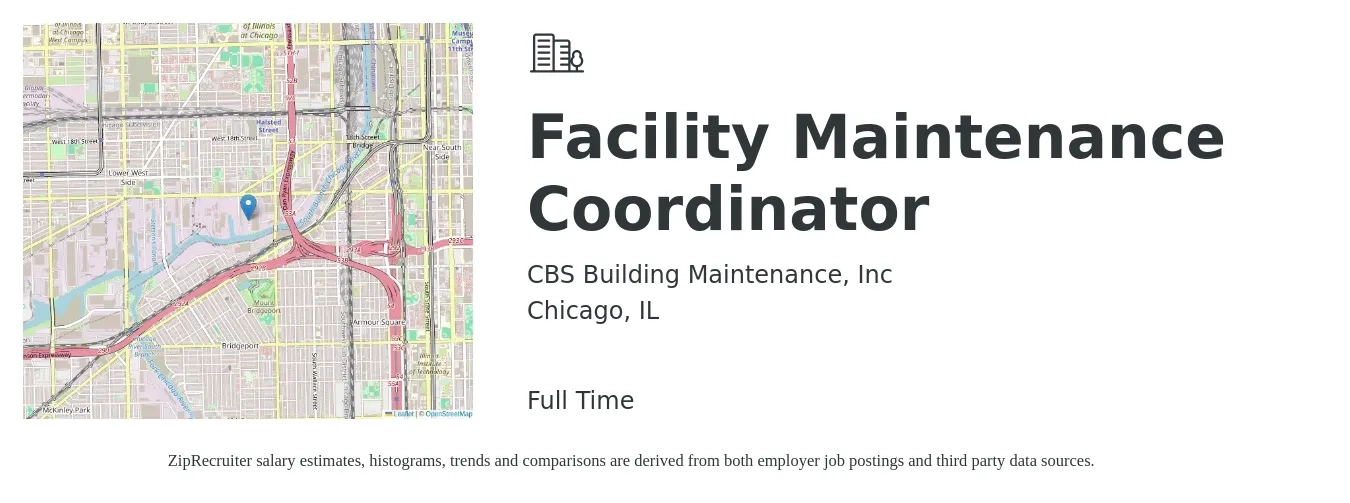 CBS Building Maintenance, Inc job posting for a Facility Maintenance Coordinator in Chicago, IL with a salary of $30 Hourly with a map of Chicago location.