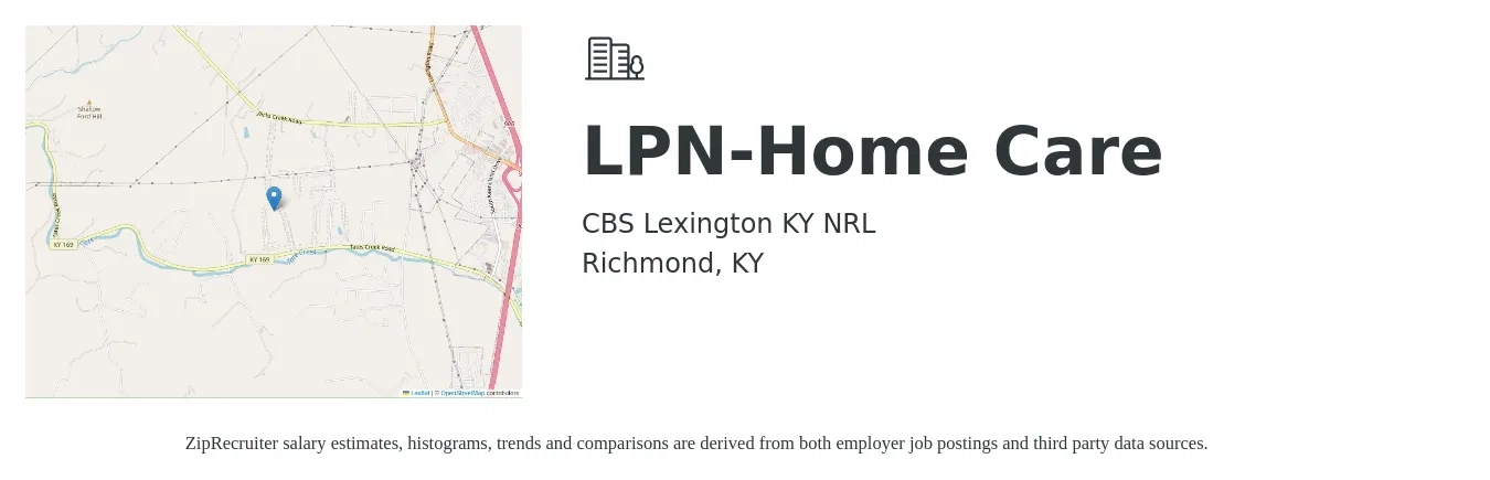 CBS Lexington KY NRL job posting for a LPN Home Care in Richmond, KY with a salary of $40,000 Yearly with a map of Richmond location.