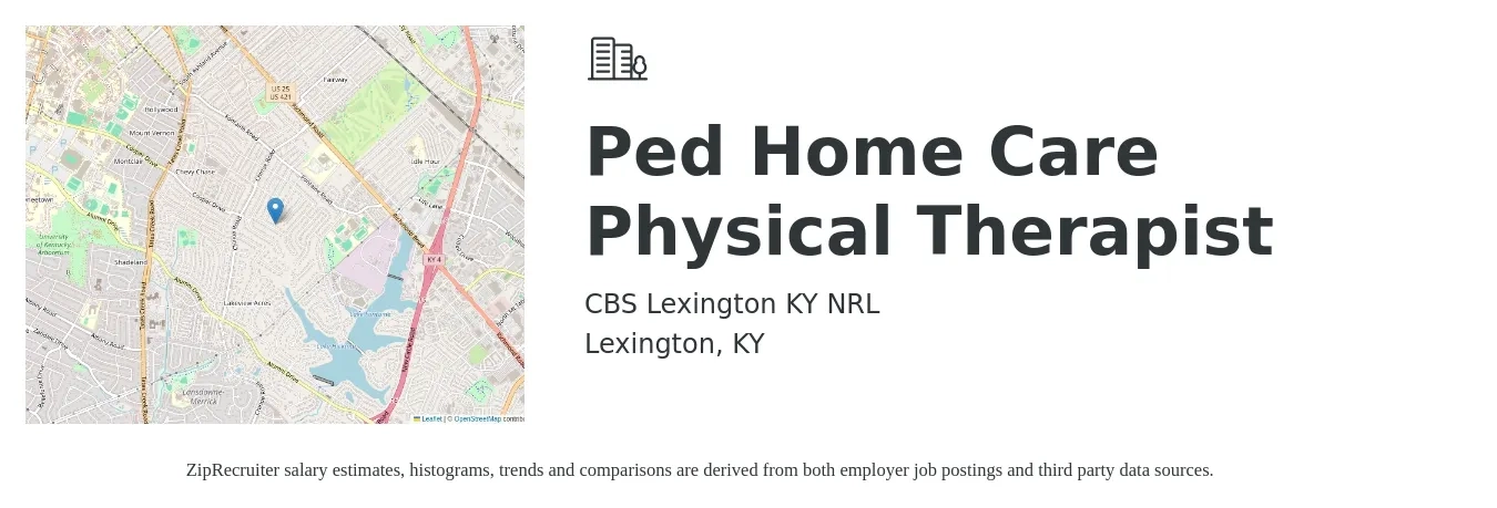 CBS Lexington KY NRL job posting for a Ped Home Care Physical Therapist in Lexington, KY with a salary of $1,640 to $2,120 Weekly with a map of Lexington location.