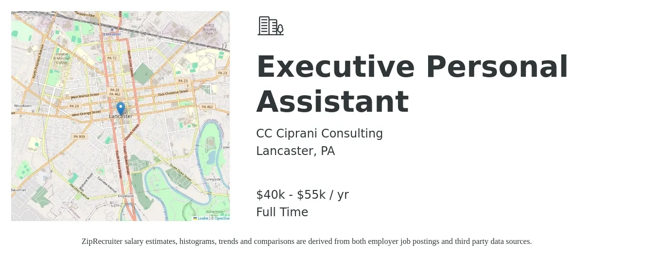 CC Ciprani Consulting job posting for a Executive Personal Assistant in Lancaster, PA with a salary of $40,000 to $55,000 Yearly with a map of Lancaster location.
