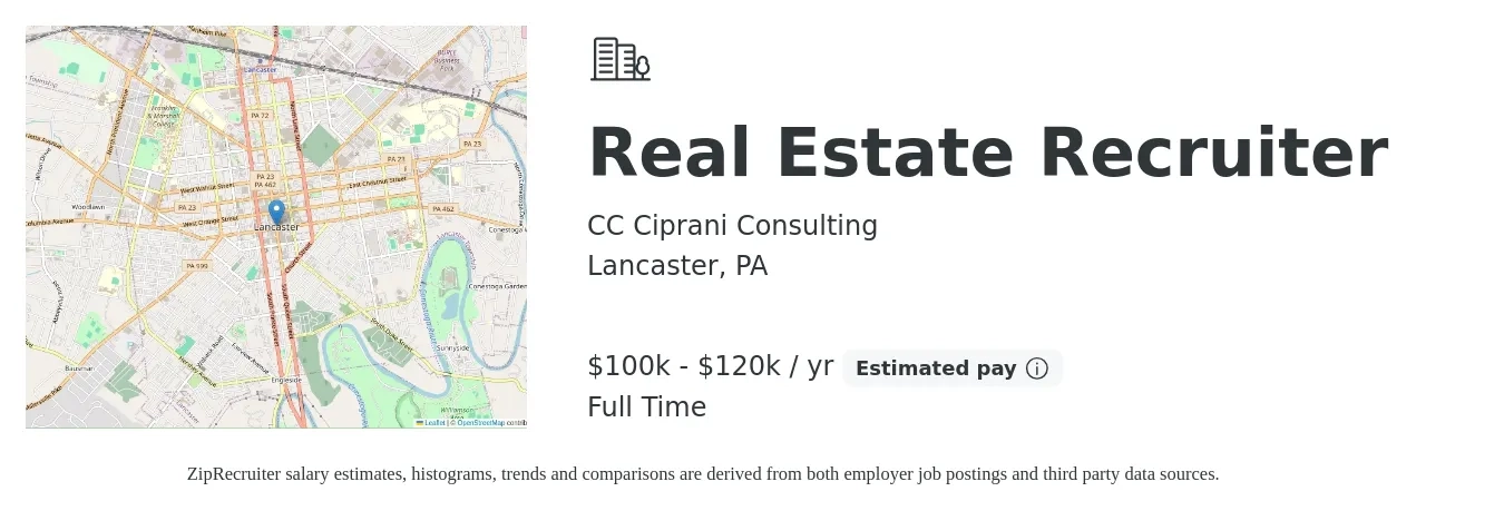 CC Ciprani Consulting job posting for a Real Estate Recruiter in Lancaster, PA with a salary of $100,000 to $120,000 Yearly with a map of Lancaster location.