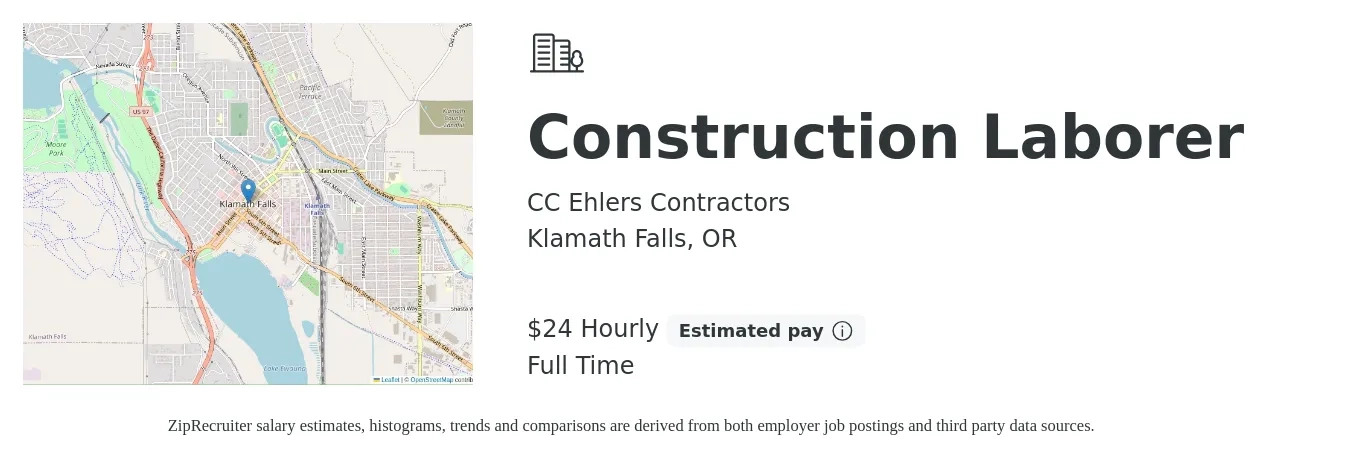 CC Ehlers Contractors job posting for a Construction Laborer in Klamath Falls, OR with a salary of $25 Hourly with a map of Klamath Falls location.