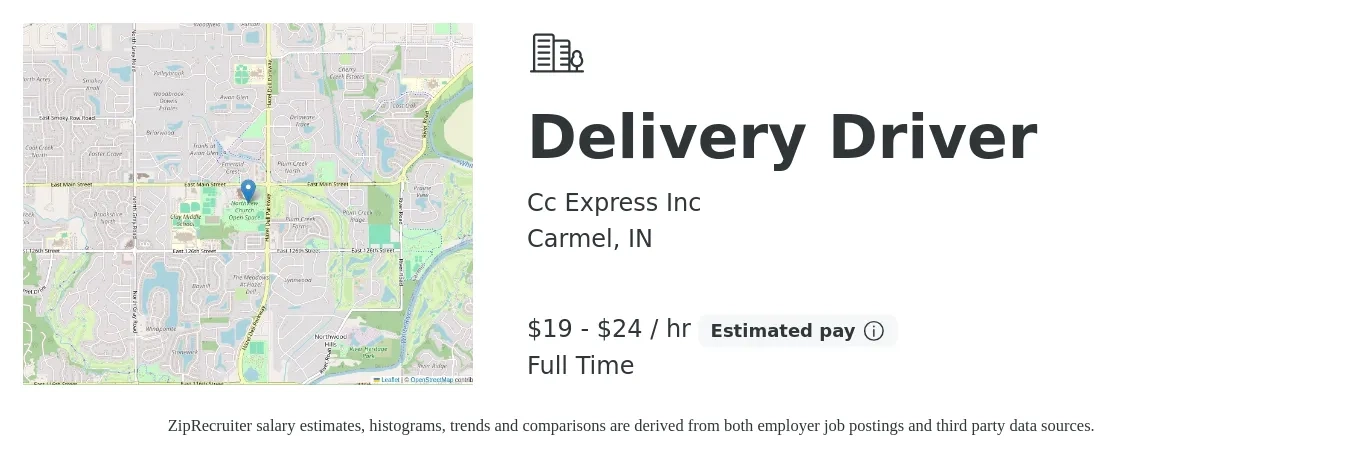 Cc Express Inc job posting for a Delivery Driver in Carmel, IN with a salary of $20 to $25 Hourly with a map of Carmel location.