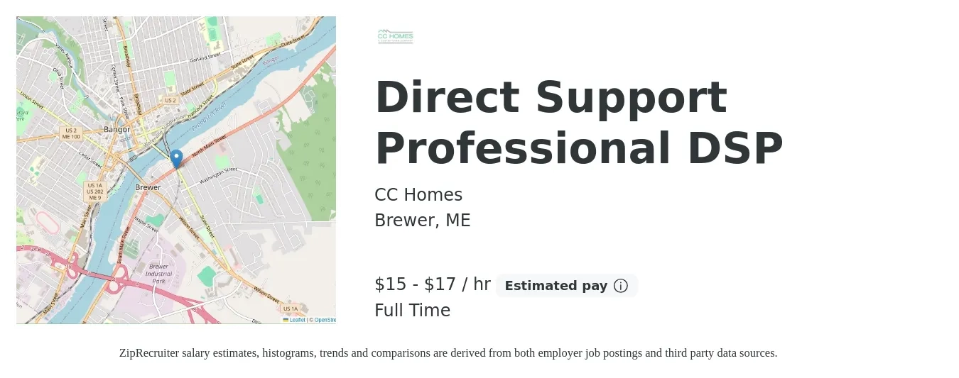 CC Homes job posting for a Direct Support Professional DSP in Brewer, ME with a salary of $16 to $18 Hourly with a map of Brewer location.