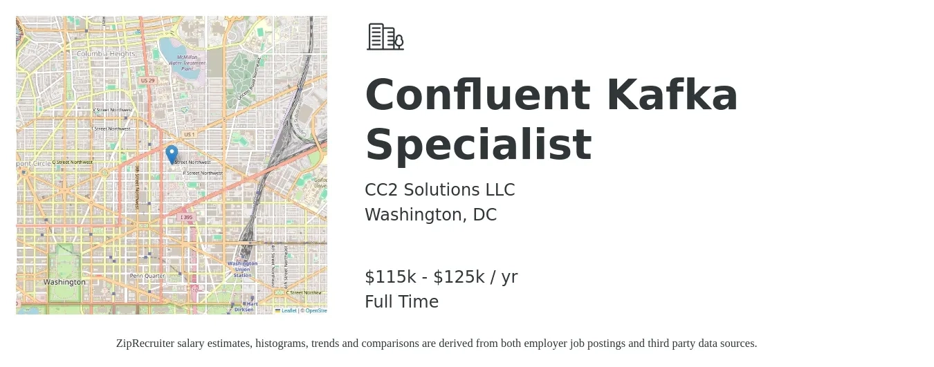 CC2 Solutions LLC job posting for a Confluent Kafka Specialist in Washington, DC with a salary of $115,000 to $125,000 Yearly with a map of Washington location.