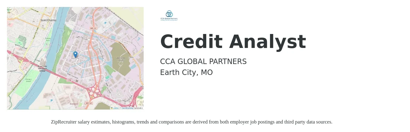 CCA GLOBAL PARTNERS job posting for a Credit Analyst in Earth City, MO with a salary of $23 to $33 Hourly with a map of Earth City location.