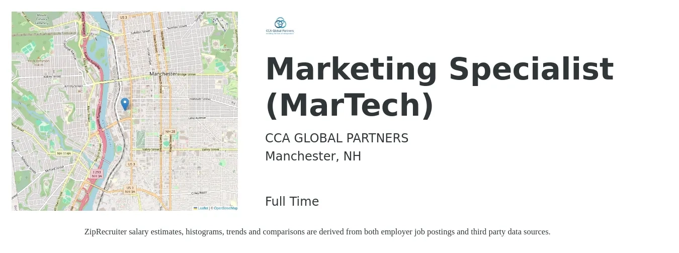 CCA GLOBAL PARTNERS job posting for a Marketing Specialist (MarTech) in Manchester, NH with a salary of $61,700 to $84,100 Yearly with a map of Manchester location.