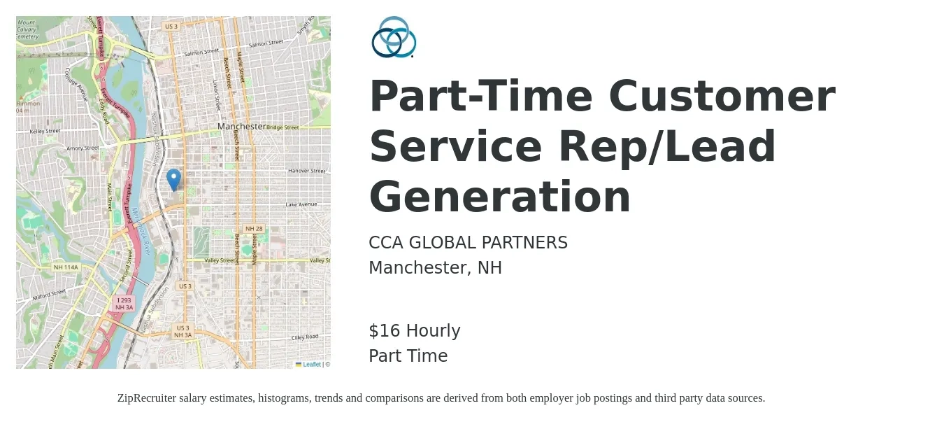 CCA Global Partners job posting for a Part-Time Customer Service Rep/Lead Generation in Manchester, NH with a salary of $17 Hourly with a map of Manchester location.