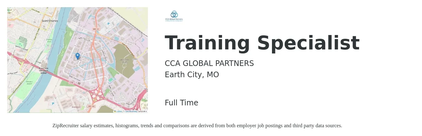 CCA GLOBAL PARTNERS job posting for a Training Specialist in Earth City, MO with a salary of $54,000 to $78,700 Yearly with a map of Earth City location.