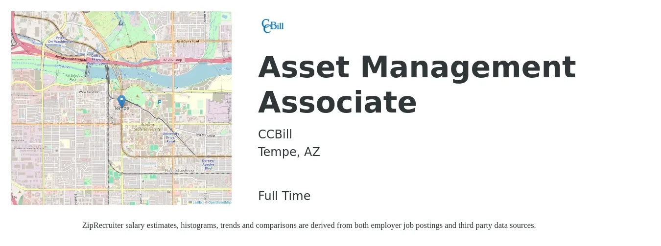 CCBill job posting for a Asset Management Associate in Tempe, AZ with a salary of $25 to $40 Hourly with a map of Tempe location.