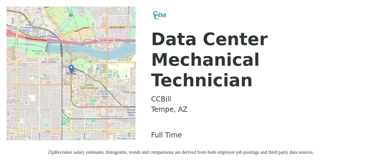 CCBill job posting for a Data Center Mechanical Technician in Tempe, AZ with a salary of $17 to $28 Hourly with a map of Tempe location.