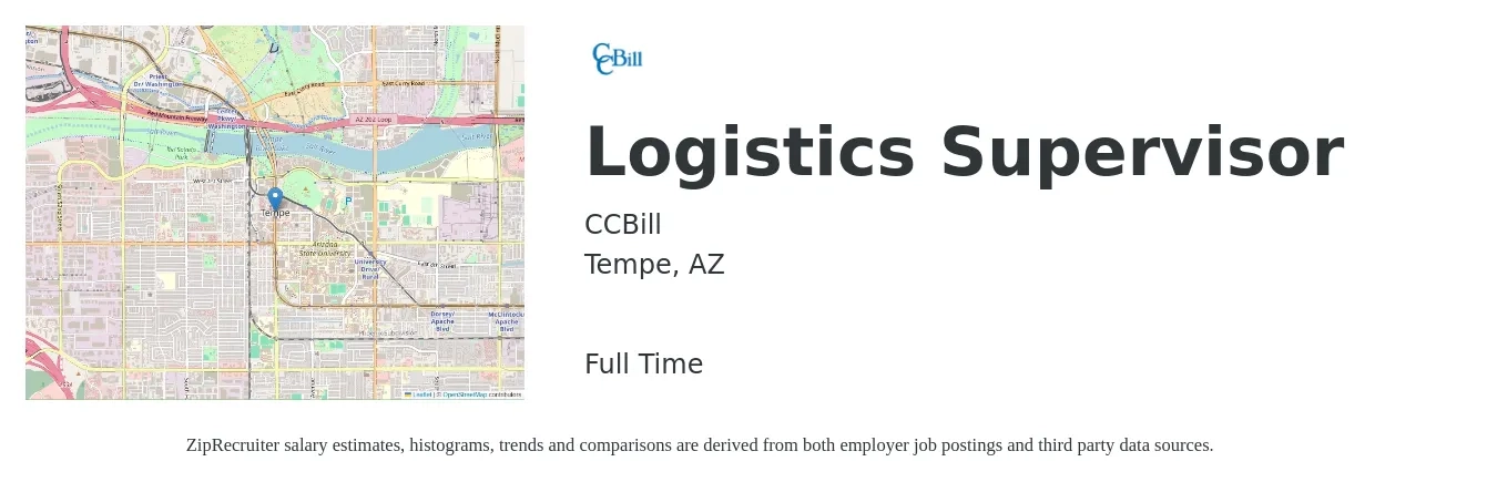 CCBill job posting for a Logistics Supervisor in Tempe, AZ with a salary of $55,000 to $88,000 Yearly with a map of Tempe location.