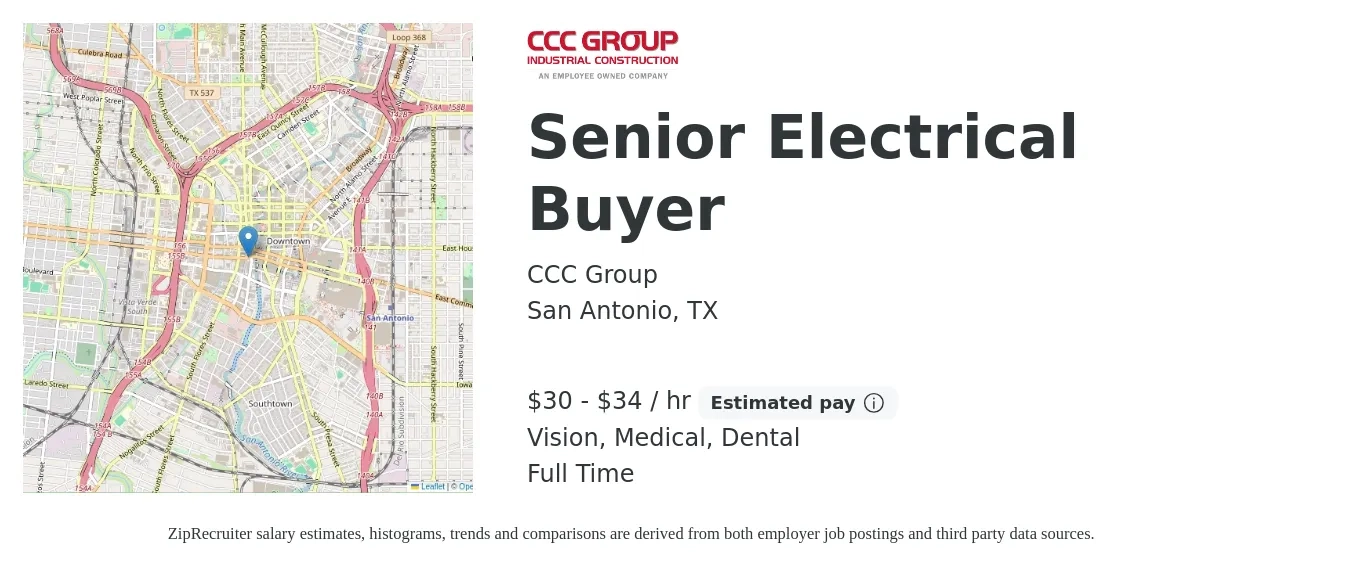 CCC Group job posting for a Senior Electrical Buyer in San Antonio, TX with a salary of $32 to $36 Hourly and benefits including medical, pto, retirement, vision, dental, and life_insurance with a map of San Antonio location.