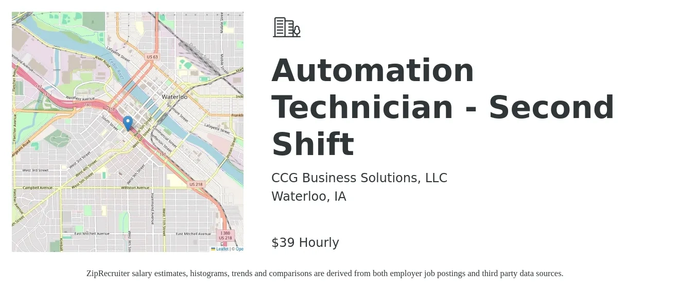 CCG Business Solutions, LLC job posting for a Automation Technician - Second Shift in Waterloo, IA with a salary of $41 Hourly with a map of Waterloo location.