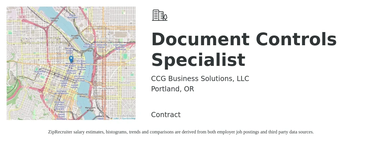 CCG Business Solutions, LLC job posting for a Document Controls Specialist in Portland, OR with a salary of $24 to $26 Hourly with a map of Portland location.