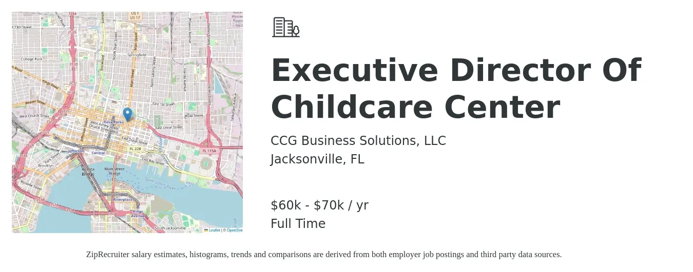 CCG Business Solutions, LLC job posting for a Executive Director Of Childcare Center in Jacksonville, FL with a salary of $60,000 to $70,000 Yearly with a map of Jacksonville location.