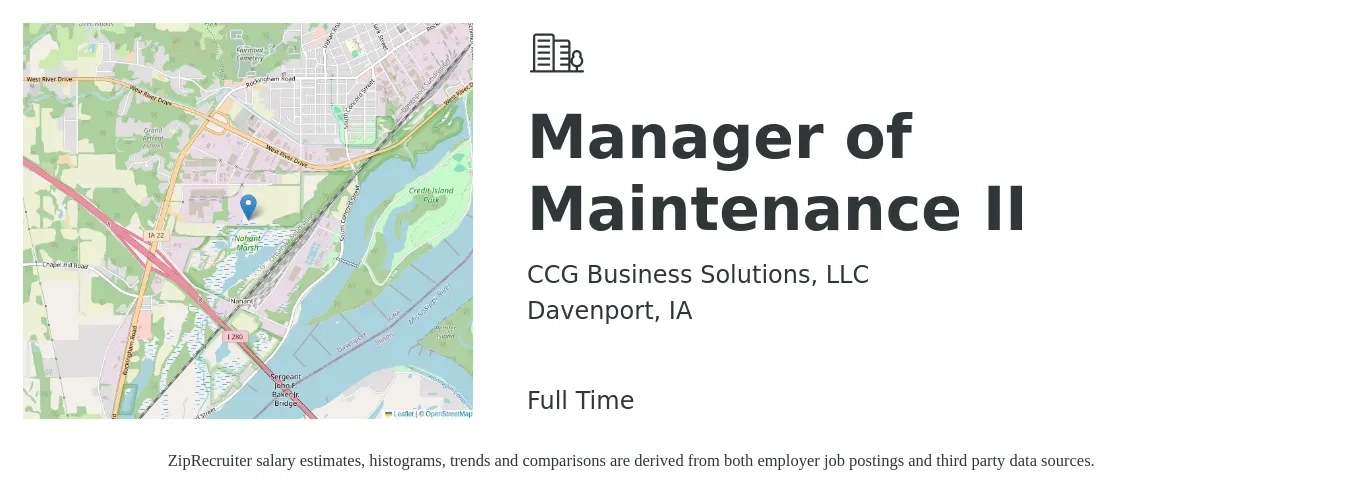CCG Business Solutions, LLC job posting for a Manager of Maintenance II in Davenport, IA with a salary of $23 to $38 Hourly with a map of Davenport location.
