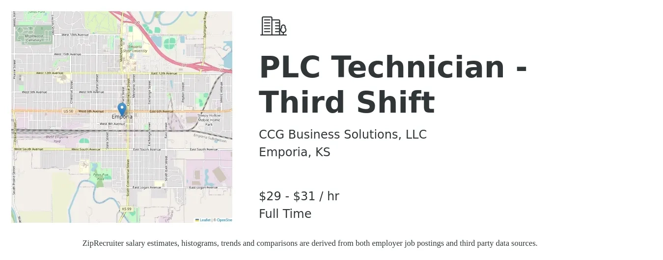 CCG Business Solutions, LLC job posting for a PLC Technician - Third Shift in Emporia, KS with a salary of $31 to $33 Hourly with a map of Emporia location.