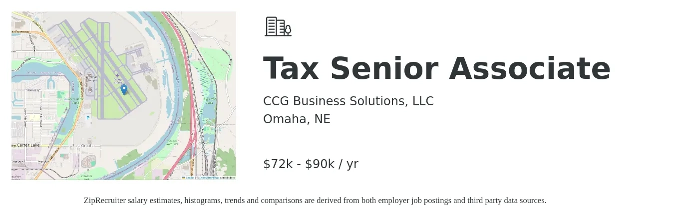 CCG Business Solutions, LLC job posting for a Tax Senior Associate in Omaha, NE with a salary of $72,000 to $90,000 Yearly with a map of Omaha location.