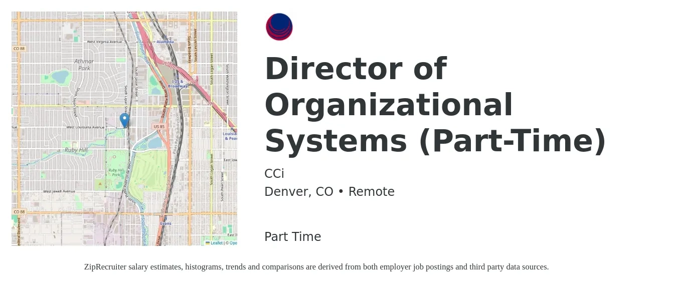 CCi job posting for a Director of Organizational Systems (Part-Time) in Denver, CO with a salary of $43 to $65 Hourly with a map of Denver location.