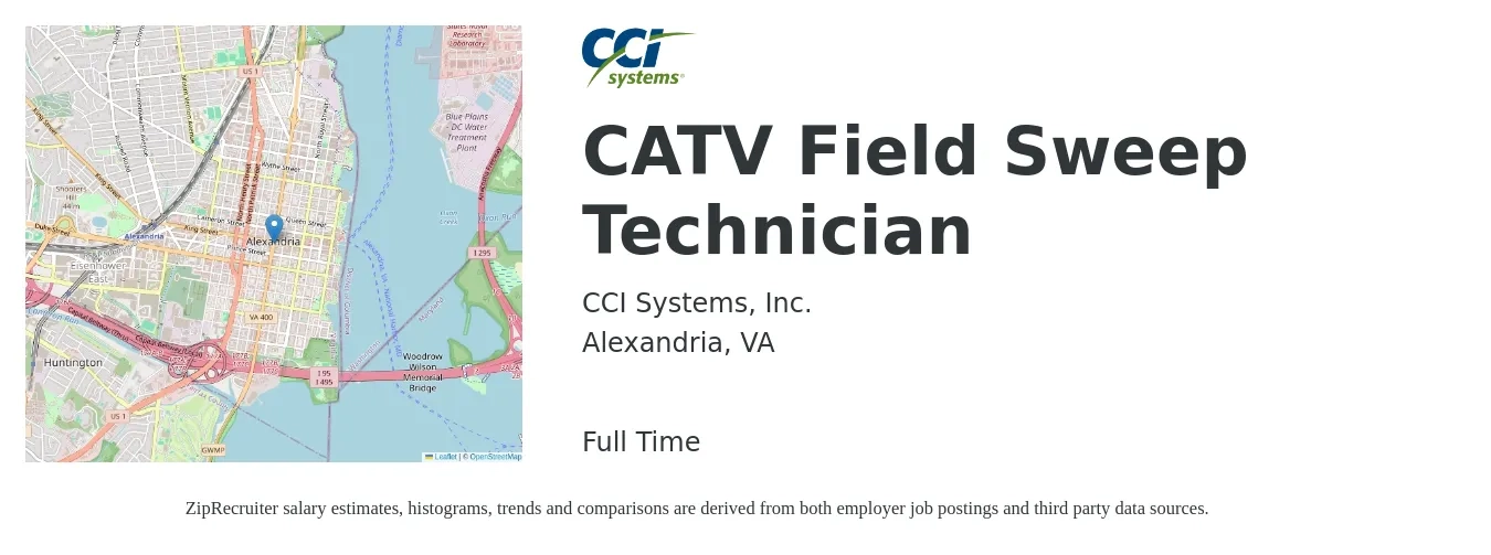 CCI Systems, Inc. job posting for a CATV Field Sweep Technician in Alexandria, VA with a salary of $21 to $29 Hourly with a map of Alexandria location.