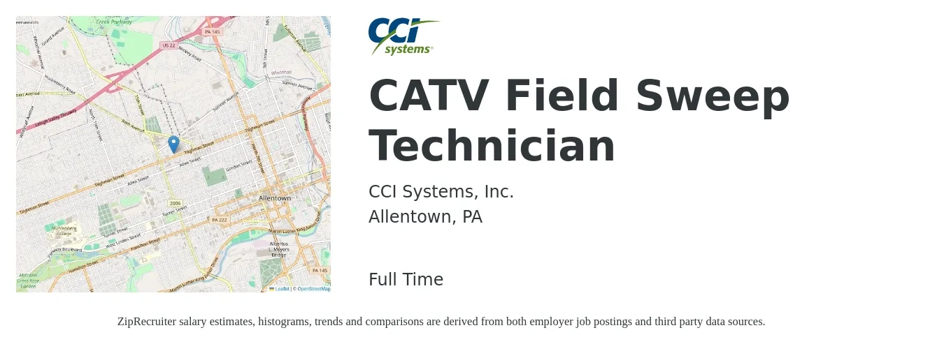 CCI Systems, Inc. job posting for a CATV Field Sweep Technician in Allentown, PA with a salary of $20 to $27 Hourly with a map of Allentown location.