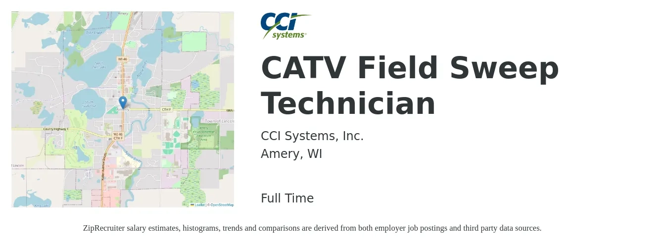 CCI Systems, Inc. job posting for a CATV Field Sweep Technician in Amery, WI with a salary of $22 to $31 Hourly with a map of Amery location.