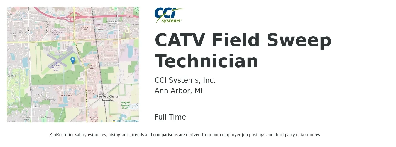 CCI Systems, Inc. job posting for a CATV Field Sweep Technician in Ann Arbor, MI with a salary of $19 to $26 Hourly with a map of Ann Arbor location.